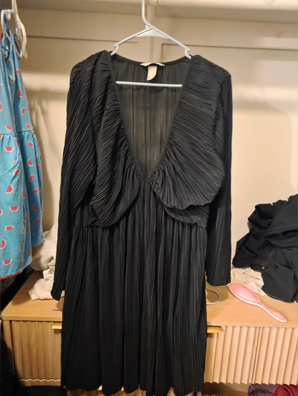 Women's Black Pleated V-Neck Dress